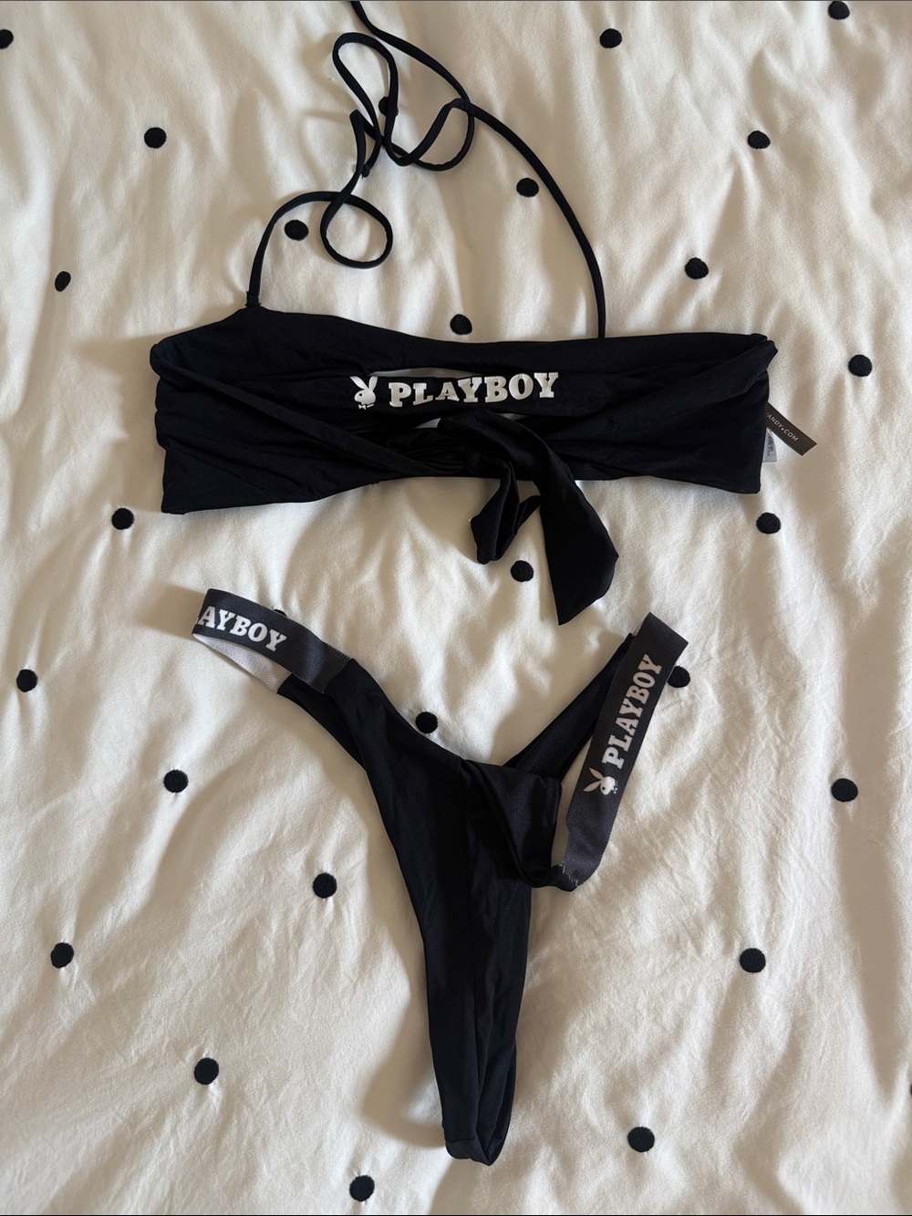 PLAYBOY Black Bandeau Bikini Top with Branded Thong